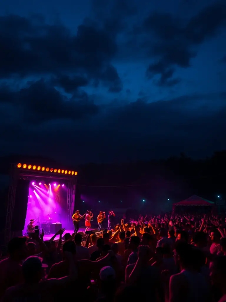 A lively scene from a Breton music festival, with musicians performing on stage and people dancing in traditional attire.