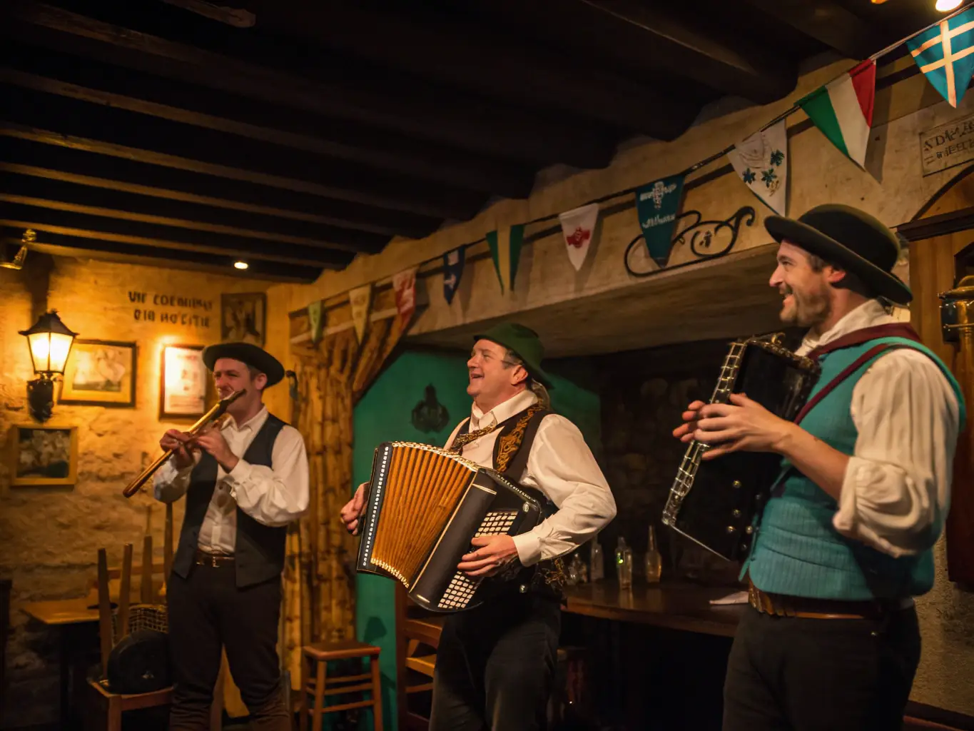 A vibrant image depicting a group of musicians playing traditional Breton instruments in a lively workshop setting, showcasing the hands-on learning experience.